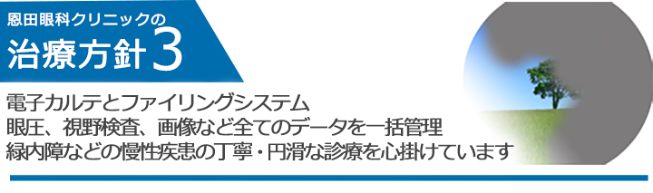 電子カルテとファイリングシステム　眼圧、視野検査、画像など全てのデータを一括管理　緑内障などの慢性疾患の丁寧・円滑な診療を心掛けています